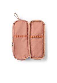 Organizzatore in tessuto rosa con chiusura a zip, dotato di due scomparti foderati in tessuto interno uniforme e anelli elastici per fissare gli oggetti.