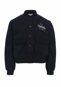 Marineblauwe bomberjack van een katoenmix, met een geribbelde kraag, drukknoopsluiting, twee voorzakken en geborduurde "Revolution" details.