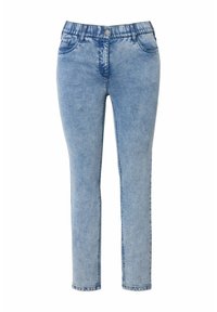 Jeans de mezclilla de un azul claro con corte Slim Fit, que cuentan con cinco bolsillos, una cinturilla elástica y un leve desgastado en toda la tela.
