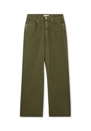 Jeans a gamba larga verde oliva realizzati in un resistente tessuto misto cotone, con chiusura classica a bottoni e cerniera e tasche frontali.