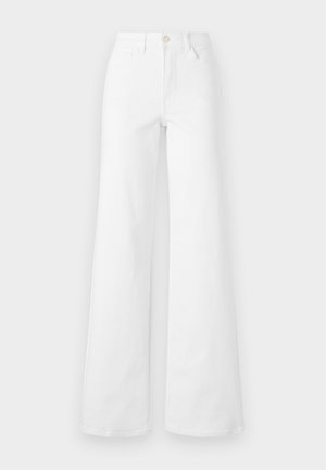 White wide-leg jeans in denim fabric with a high waist, featuring front pockets, belt loops, and a button closure. Smooth texture, no patterns.