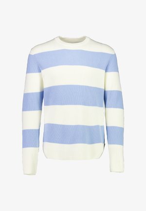 Sweter w paski w niebiesko-białym kolorze, wykonany z prążkowanej tkaniny. Klasyczny okrągły dekolt, z poziomymi paskami o różnej szerokości. Długie rękawy.