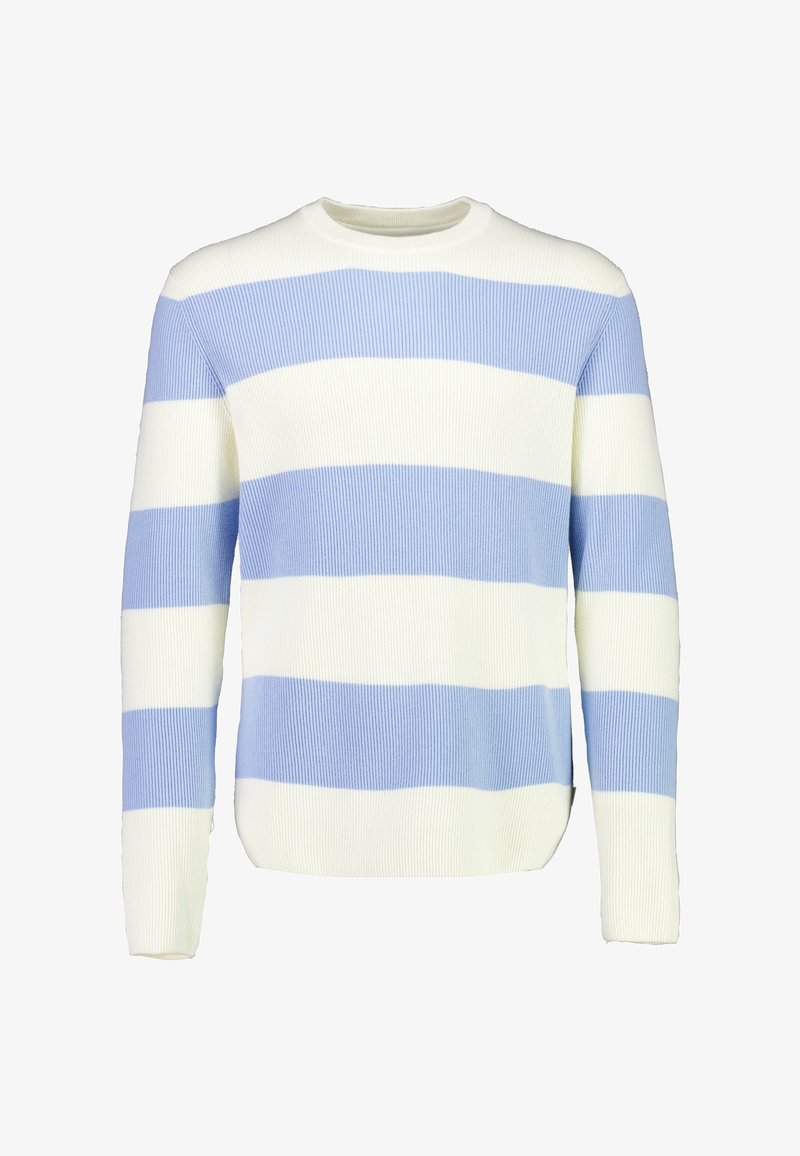Sweter w paski w niebiesko-białym kolorze, wykonany z prążkowanej tkaniny. Klasyczny okrągły dekolt, z poziomymi paskami o różnej szerokości. Długie rękawy.