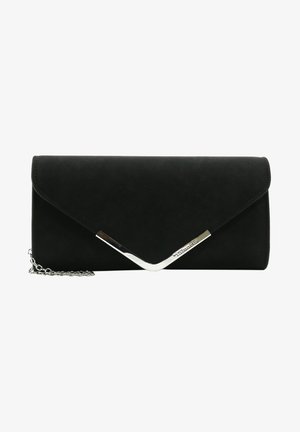 Schwarze Clutch-Tasche mit strukturiertem Oberflächen, V-förmigem silbernem Akzent und abnehmbarem silbernem Kettenriemen. Überschlagverschluss.