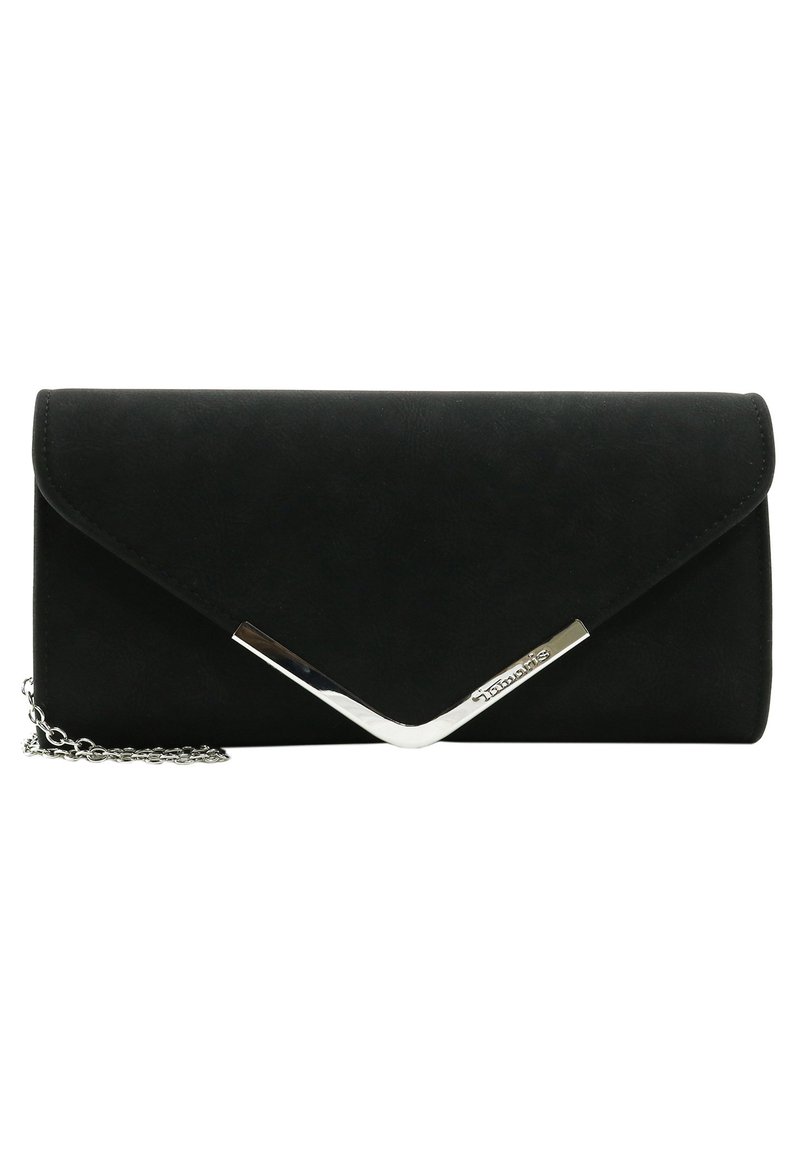 Borsa a mano nera con superficie testurizzata, accentuazione silver a forma di V e tracolla in catena silver staccabile. Chiusura a pattina.