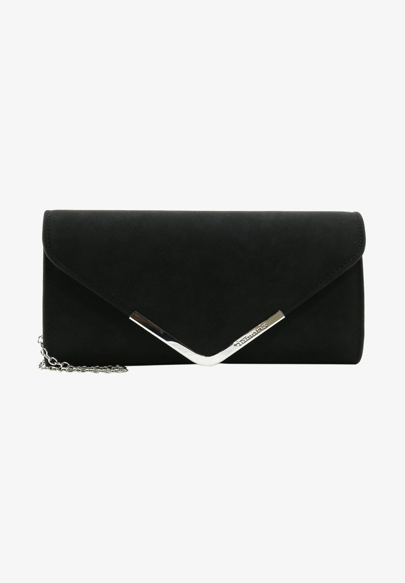 Pasta clutch preta com uma superfície texturizada, detalhe prateado em forma de V e uma alça de corrente prateada destacável. Fecho com aba.