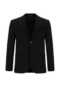 Schwarzer Blazer aus glattem Stoff mit einem einzigen Knopfverschluss, Reverskragen, zwei Vorderfächern und einer Brusttasche; minimale Details.