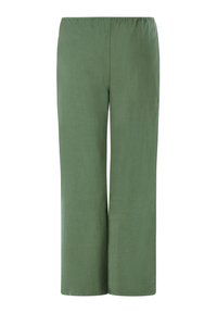 Groene, wijde broek met een elastische tailleband, gemaakt van een gladde stof. Eenvoudig ontwerp zonder zichtbare patronen of versieringen.