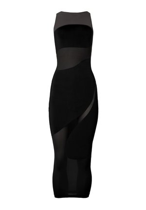 Sort tætsiddende kjole med lagdelt gennemsigtig og uigennemsigtig design. Har høj halsudskæring og kropsnær silhuet, der fremhæver former.