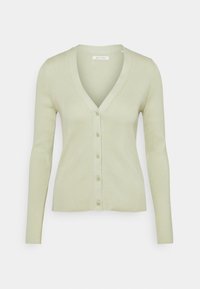 Cardigan côtelé vert clair avec un col en V, des manches longues et six boutons à l'avant. Texture douce avec un design ajusté.