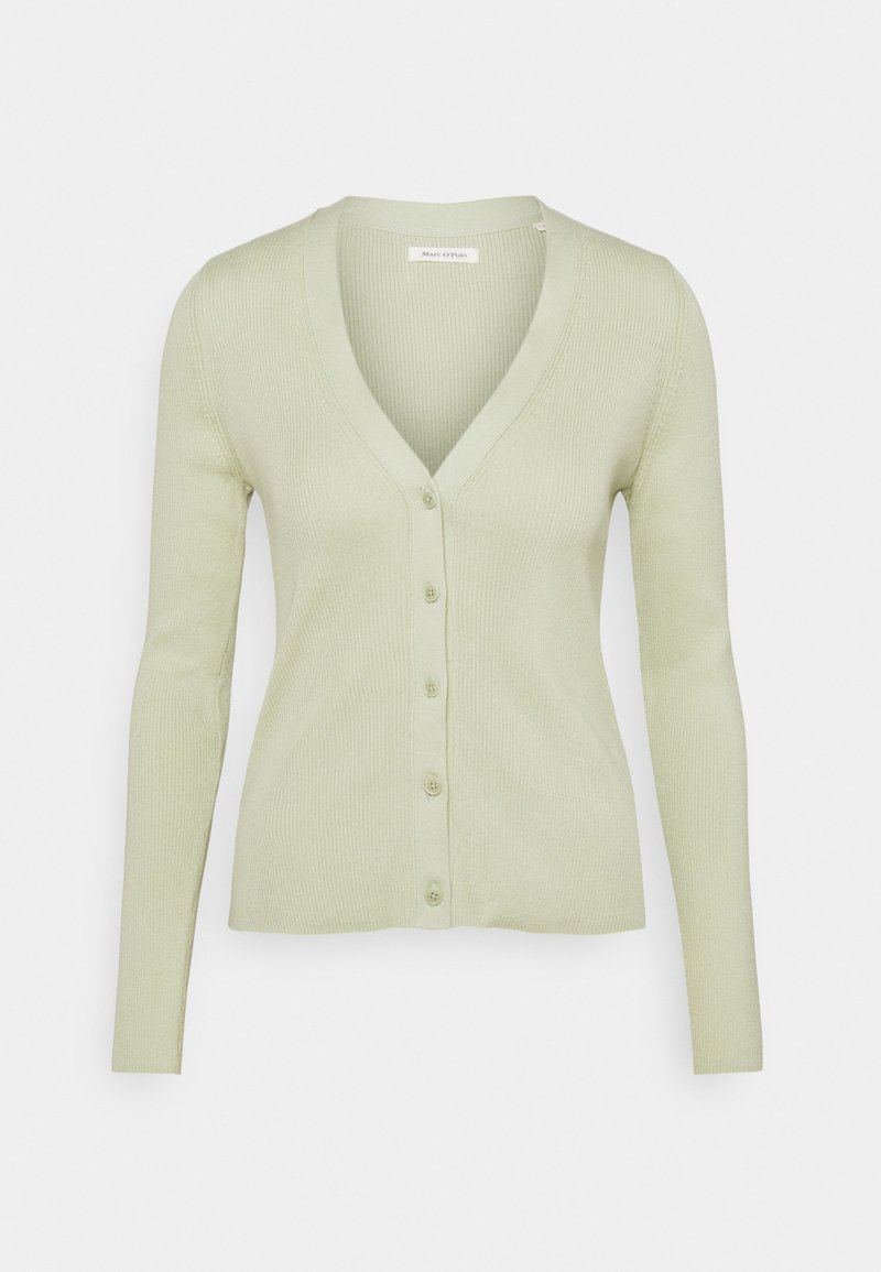 Cardigan côtelé vert clair avec un col en V, des manches longues et six boutons à l'avant. Texture douce avec un design ajusté.