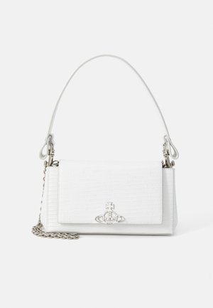 White crossbody bag with textured faux leather, silver hardware, a chain strap, and a flap closure featuring a decorative emblem.
