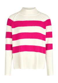 Pull en maille avec un col haut, présentant des rayures audacieuses roses et blanches. Poignets et ourlet côtelés ajoutent texture et détails.