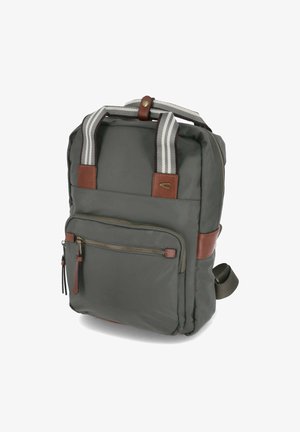 Grijze rugzak van nylon, met leren accenten, twee bovenhandvatten en een voorzak met rits met een gestructureerde afwerking.