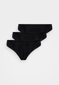 Zwart gaas bikini ondergoedset met een patroonontwerp en een gladde afwerking, verkrijgbaar in drie verschillende maten en met elastische taillebanden.