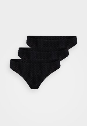 Svart mesh bikini undertøy sett med et mønsterdesign og glatt finish, tre varierende størrelser og elastiske midjebånd.