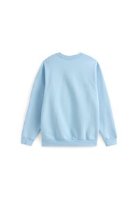 Felpa azzurra chiara con scollatura rotonda, maniche lunghe e polsini e orlo a coste. Tessuto morbido, design semplice senza grafiche o motivi.