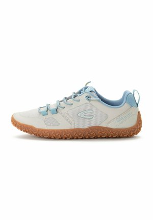 Light grey outdoor shoes with blue accents, textured mesh upper, and rubber sole with a gripped pattern. Features rounded toe and lace-up design.