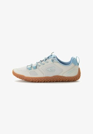 Light grey outdoor shoes with blue accents, textured mesh upper, and rubber sole with a gripped pattern. Features rounded toe and lace-up design.