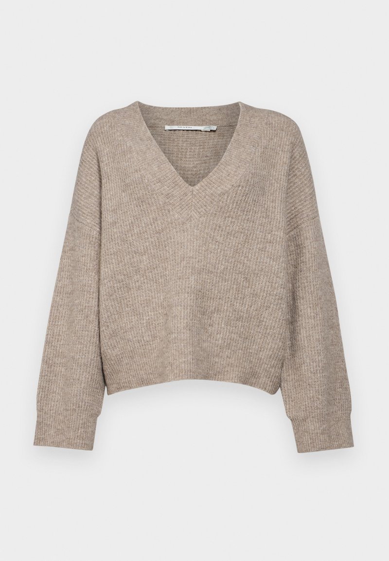 Beige gestrickter Pullover mit V-Ausschnitt und cropped Design. Verfügt über lockere Ärmel und ein strukturiertes Muster im gesamten Oberteil.