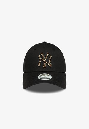 Schwarze Kappe mit einem gestickten Leopardenmuster-Logo der New York Yankees. Strukturierte Form mit einem klassischen geschwungenen Schirm und verstellbarem Riemen.