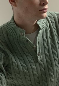 Suéter de punto en verde suave con un cuello acanalado y detalles de botones. Presenta un diseño de punto trenzado y un corte relajado.