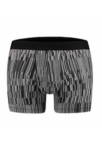 Boxer briefs in black and gray with a geometric pattern, featuring a black waistband with the logo. Made of soft, elastic material.