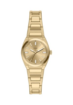 Goldfarbene Fossil-Armbanduhr mit Metallgliederarmband, rundem Zifferblatt, drei Zeigern und rechteckigen Stundenmarkierungen bei 3, 6, 9 und 12 Uhr.