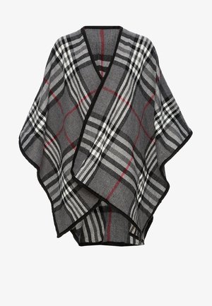 Szary ponczo w kratę z czarnymi, białymi i czerwonymi liniami, z dekoltem w kształcie litery V i czarną lamówką przy krawędziach.