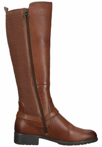 Botte en cuir marron montant jusqu'au genou avec fermeture éclair latérale, panneau arrière texturé et talon bas empilé.