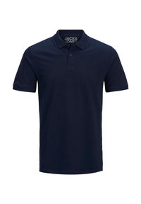 Navyblaue Poloshirt aus Baumwolle mit einer Knopfleiste mit drei Knöpfen, kurzen Ärmeln und einem kleinen Logo auf der Brust.
