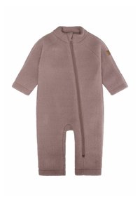 Fleece romper in gedempt mauve met een hoge kraag, volledige rits aan de voorkant en korte mouwen. Bevat gestikte accenten en elastische boorden.
