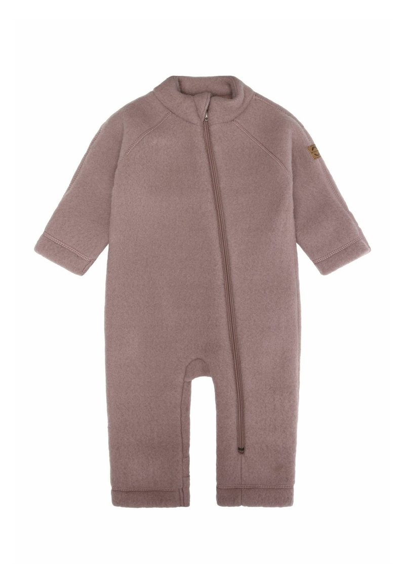 Fleece romper in gedempt mauve met een hoge kraag, volledige rits aan de voorkant en korte mouwen. Bevat gestikte accenten en elastische boorden.