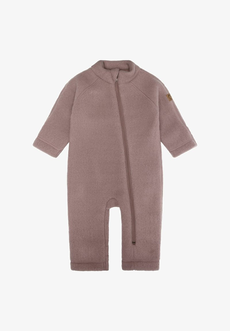 Fleece romper in gedempt mauve met een hoge kraag, volledige rits aan de voorkant en korte mouwen. Bevat gestikte accenten en elastische boorden.