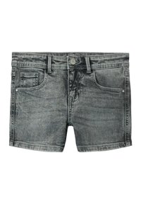 Shorts de mezclilla en un color negro desgastado con un acabado texturizado, diseño de cinco bolsillos y cierre de botón en la cintura.
