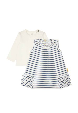 Completo per bambini composto da due pezzi: maglia bianca a maniche lunghe con bottoni sulle spalle e abito senza maniche a righe blu e bianche con orlo arricciato.