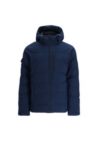 Navyblaue Isolierjacke mit Kapuze, ausgestattet mit einem Reißverschluss vorne, seitlichen Taschen und einem gesteppten Muster sowie dezentem Branding auf der Brust.