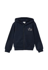 Sudadera con cremallera en color navy, hecha de una tela suave, que cuenta con un bolsillo tipo canguro en la parte frontal y un bordado de pato en el lado izquierdo del pecho.
