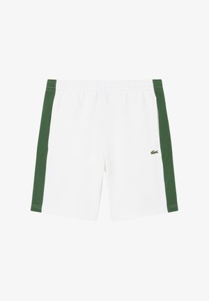 Pantalones cortos blancos con paneles laterales verdes, cintura elástica y un pequeño logo bordado. Tejido suave con costuras reforzadas.