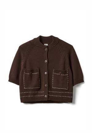Brown knitted cardigan with short sleeves, featuring a round neckline, button front, and two pockets with white stitching accents.