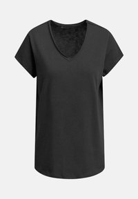 Schwarzes T-Shirt mit kurzen Ärmeln und V-Ausschnitt, aus glattem Stoff gefertigt. Verfügt über eine lässige Passform und einen abgerundeten Saum.
