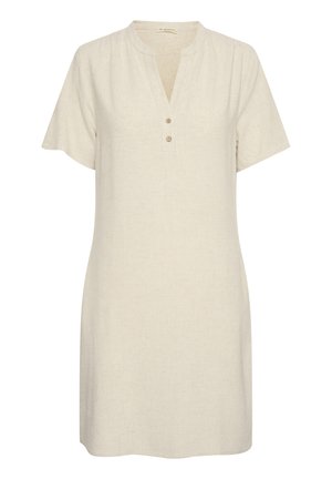 Linen dress in light beige, featuring short sleeves, a V-neckline with a button placket, and a relaxed fit. Textured fabric detail visible.
