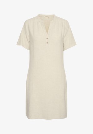 Linnedragt i lys beige med korte ærmer, V-halsudskæring og knaplukning, samt en afslappet pasform. Strukturdetaljer i stoffet er synlige.