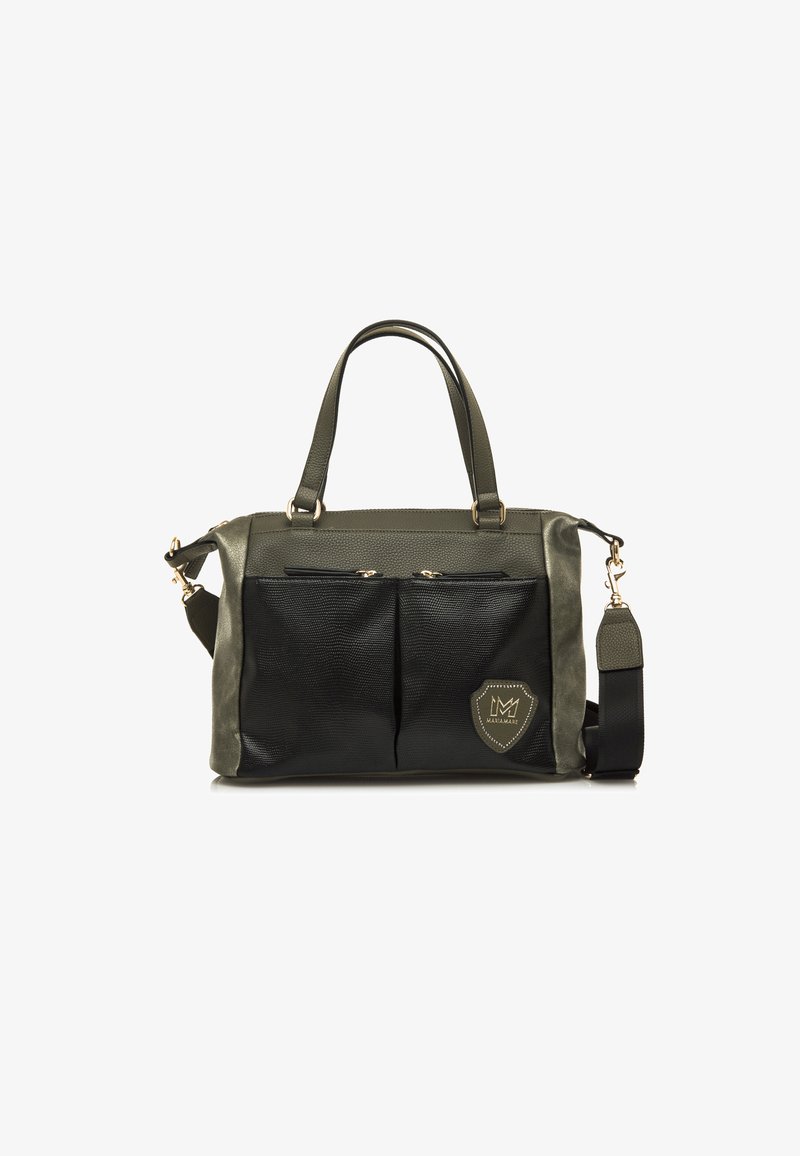 Borsa a tracolla nera e verde con materiale strutturato, doppie tasche frontali, accessori in oro e una tracolla. Presenta un'etichetta con il logo sul lato.