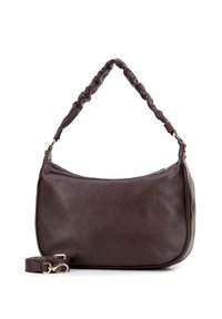 Borsa a spalla in pelle marrone con una superficie liscia, forma curva e tracolla arricciata. Presenta una chiusura con zip e una tracolla removibile.