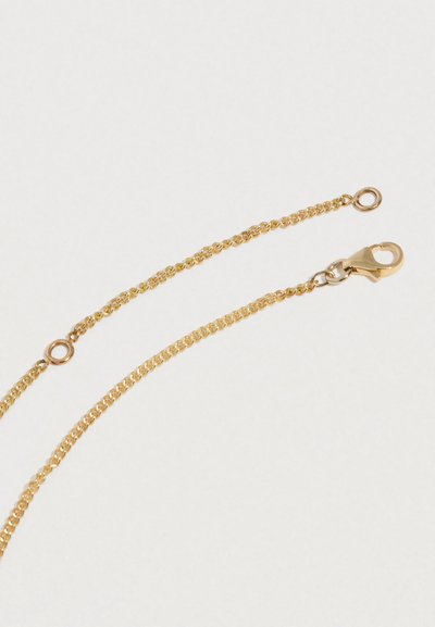 Zlatý náhrdelník s retiazkou so zapínaním na karabínku a okrúhlym krúžkom na svetlom neutrálnom pozadí.