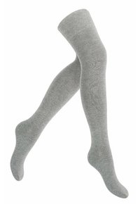 Gray, opaque knee-high socks with a smooth texture and subtle ribbing at the top, featuring a fitted design for comfort.