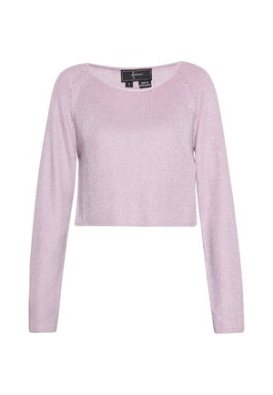 Pulover scurt de culoare violet deschis, confecționat dintr-un material tricotat texturat, având mâneci lungi și un decolteu rotund larg. Accente subtile de strălucire.