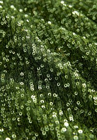 Groene stof bedekt met overlappende pailletten, wat zorgt voor een textuur met glanzende accenten. Reflecterend en glad met een gelaagd uiterlijk.
