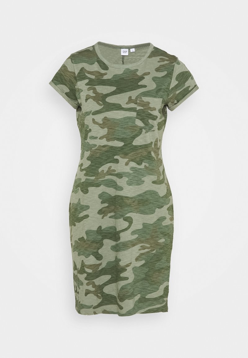 Robe cintrée à manches courtes avec motif camouflage vert et marron et petite poche poitrine.